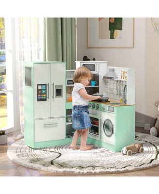 Play Kitchen, Corner Kids Kitchen Playset w/ Chalkboard, Range Hood