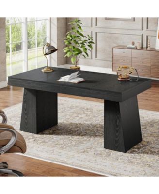 55 Inches Executive Desk, Mid-Century Modern Home Office Desk with Double Trapezoid Base, Wood Computer Desk Business Workstation Desk