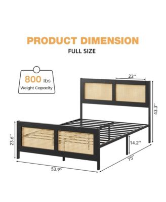 Full Size Rattan Bed Frame with Headboard, Boho Cane Platform Bed Frame