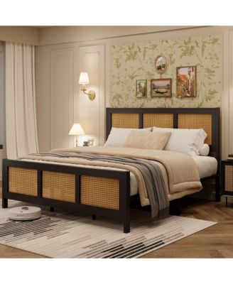 Full Size Rattan Bed Frame with Headboard, Boho Cane Platform Bed Frame