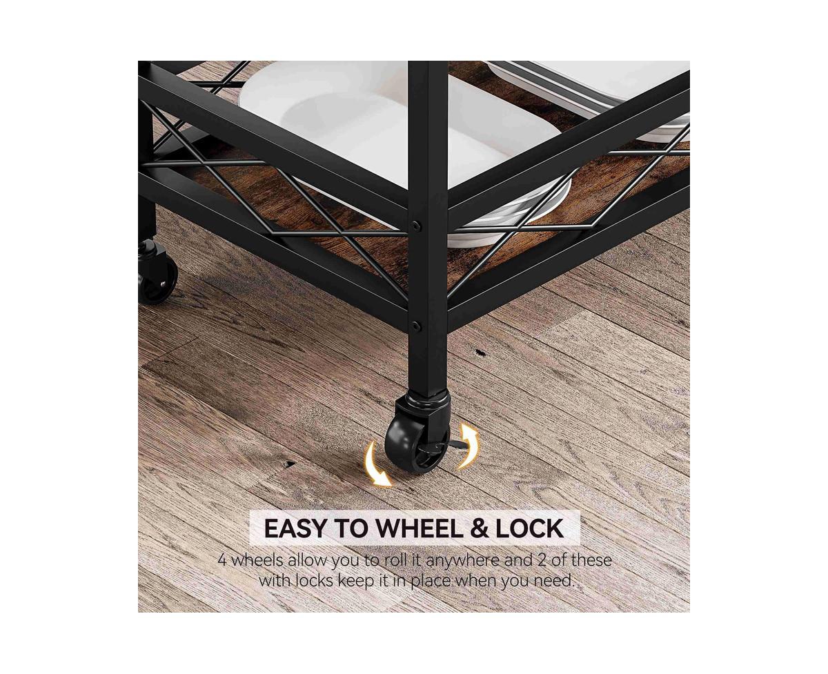 gaomon Bar Carts for The Home with 2 Portable Trays, 3 Tier Bar Cart with Wheels, Mobile Kitchen Shelf with Wine Rack and Glass Holder, Industrial Ser