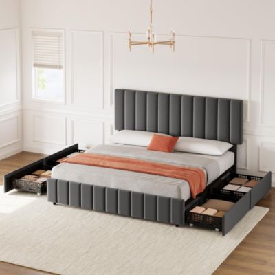 Full Linen Upholstered Platform Bed Frame with 4 Storage Drawers