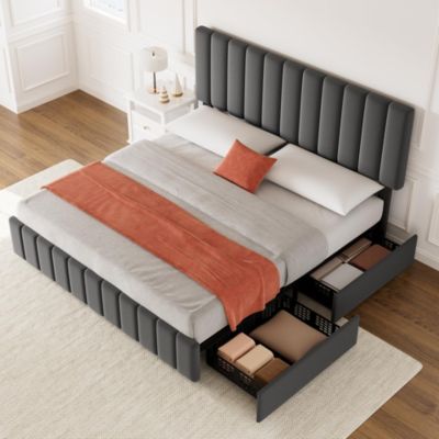 Full Linen Upholstered Platform Bed Frame with 4 Storage Drawers