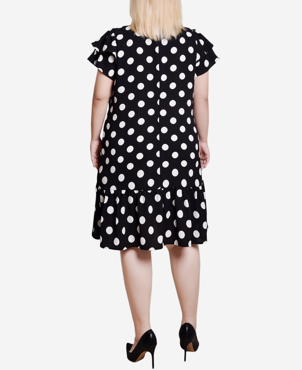 Ny Collection Plus Size Double Layer Flutter Sleeve Dress In Black,white Big Dot