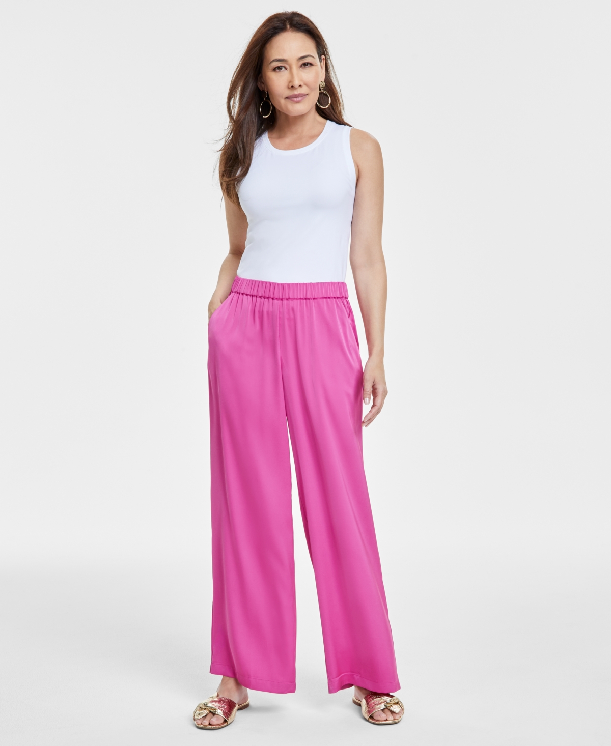 Shop Jm Collection Women's Pull-on Wide-leg Satin Pants, Exclusively At Macy's In Petunia Pink