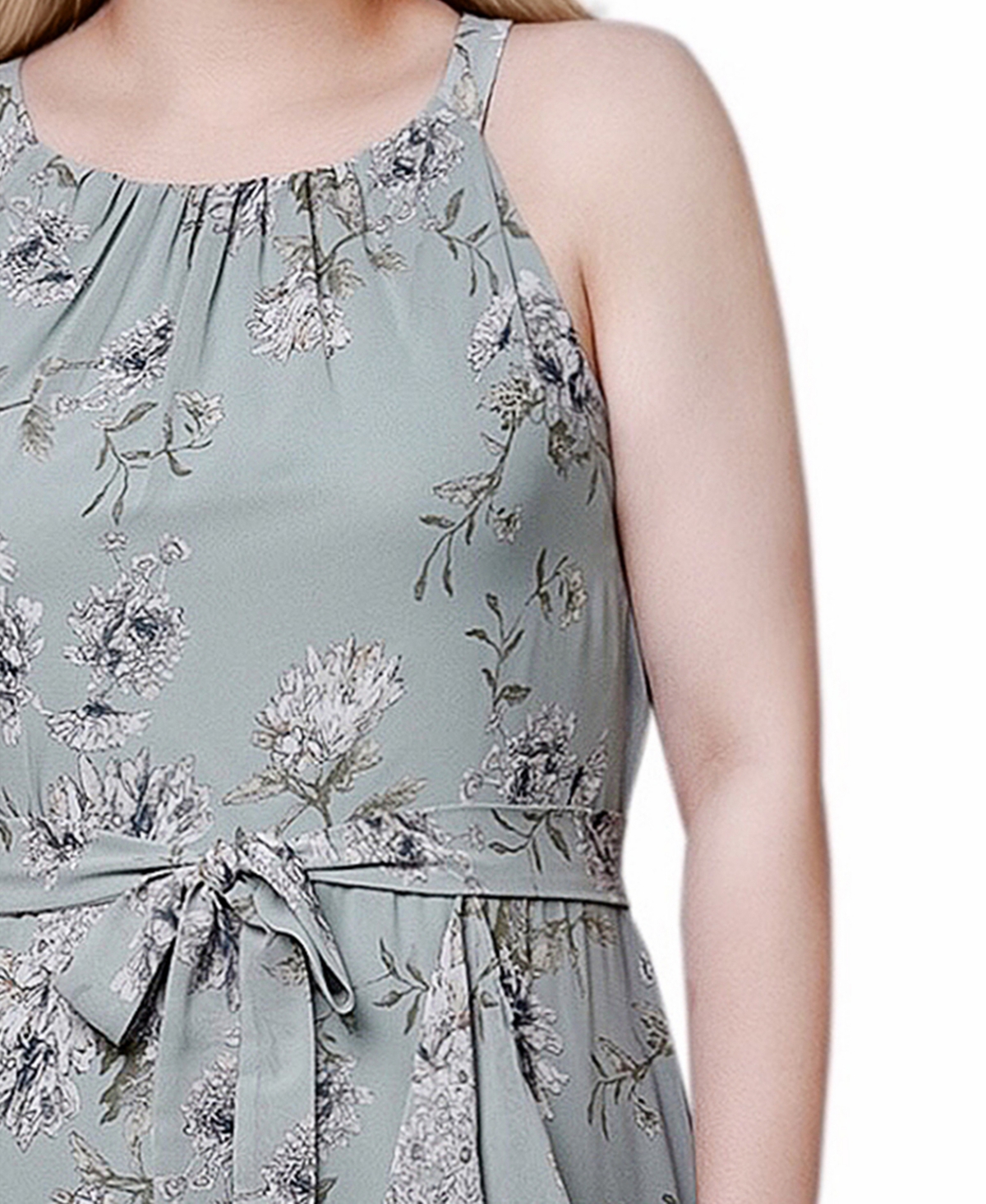 Ny Collection Petite Halter Front Chiffon Maxi Dress In Sage Ivory Floral
