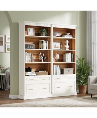 72" Wood 5-Shelf Bookcase with File Cabinet Drawer, Set of 2, Modern Free-Standing Bookshelf