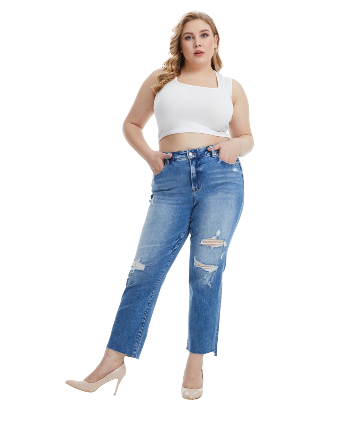 Bayeas Plus Size Mid Rise Slim Straight Jeans With Raw Hem
