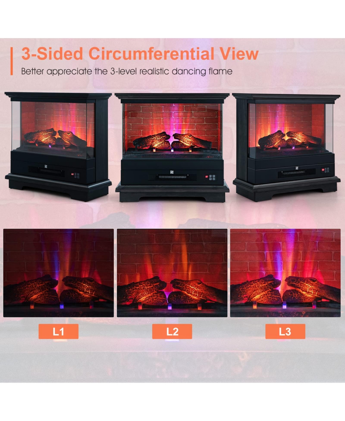 Sugift 27 Inch Freestanding Electric Fireplace with 3-Level Vivid Flame Thermostat- Black