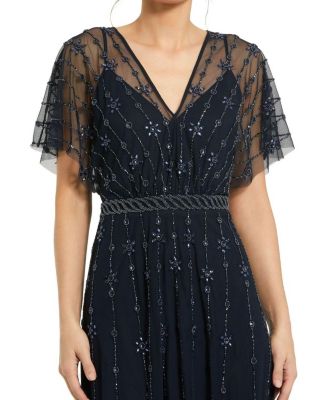 Women's V Neck Embellished Flutter Sleeve A Line Gown