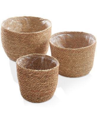 Set Of 3 Seagrass Planter Baskets Natural Hand Woven Indoor Flower Pot Covers With Liners For Plants Succulents Home Decor