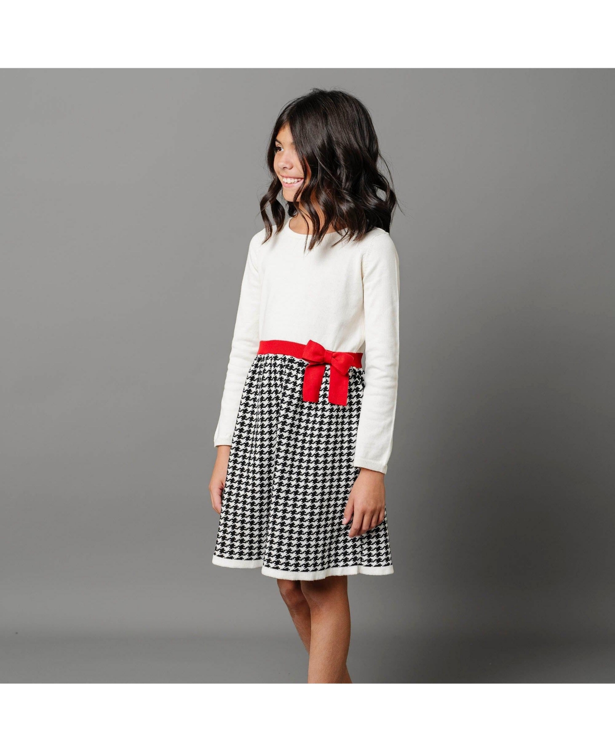 Hope & Henry Toddler Girls Organic Long Sleeve Skater Sweater Dress with Bow - Ivory and black houndstooth