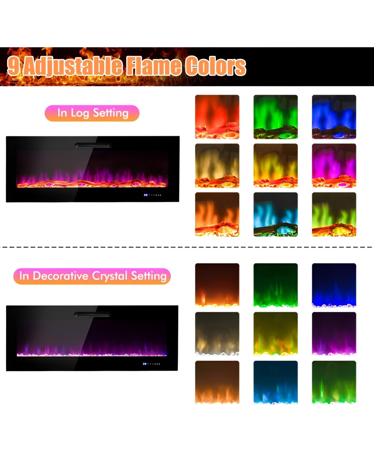 Skonyon 60 Inch Wall Mounted Recessed Electric Fireplace with Decorative Crystal and Log