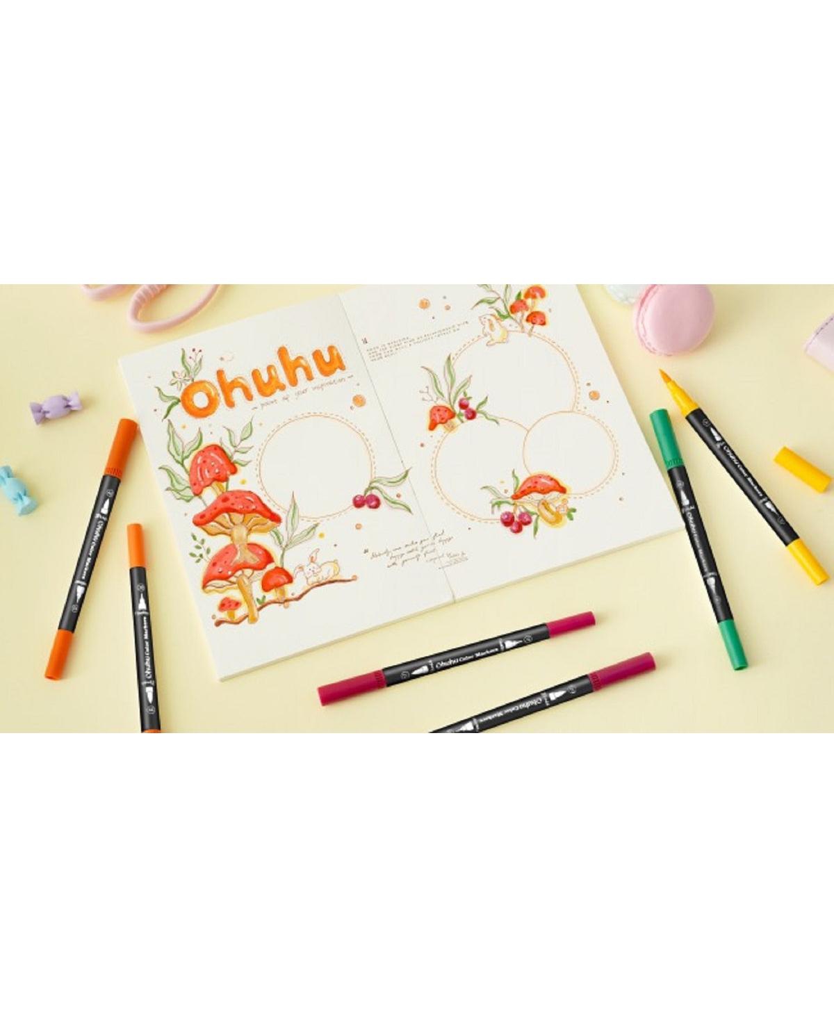 Ohuhu Maui 100ct Brush/Fineliner Dual Tip Water Based Color Markers with Black Marker Holder - Assorted Pre-pack (See Table 9