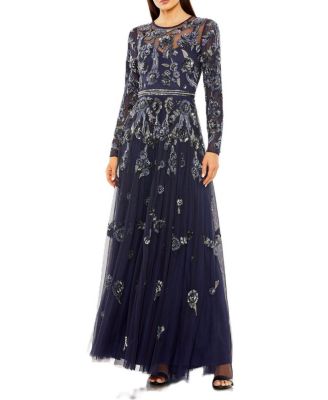 Women's Long Sleeve High Neck Floral Beaded A-line Mesh Gown