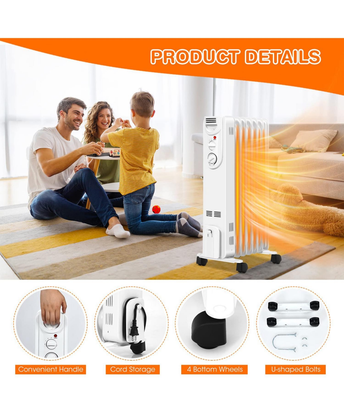 Sugift 1500W Electric Space Heater with 3 Heat Settings and Safe Protection
