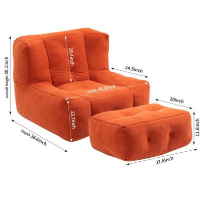Bean Bag Chair Set, Fluffy Upholstery, Includes Ottoman, Super Soft, Lounge Seating, Living Room Furniture