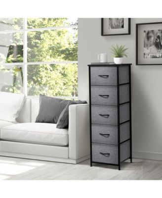 Narrow 5 Drawers Nightstand with Steel Frame, Wood Top, Easy Pull Fabric Bins