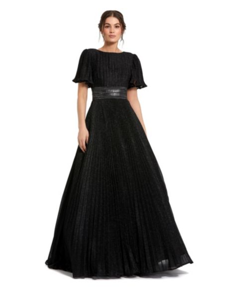 Женское платье Mac Duggal Pleated Shimmering Georgette Flutter Sleeve Gown, цвет: Чёрный