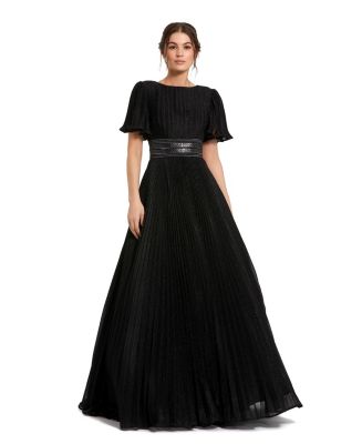 Mac Duggal Women's Pleated Shimmering Georgette Flutter Sleeve Gown ...