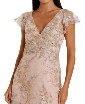 Women's Embroidered Applique Wrap Over Flutter Sleeve Gown