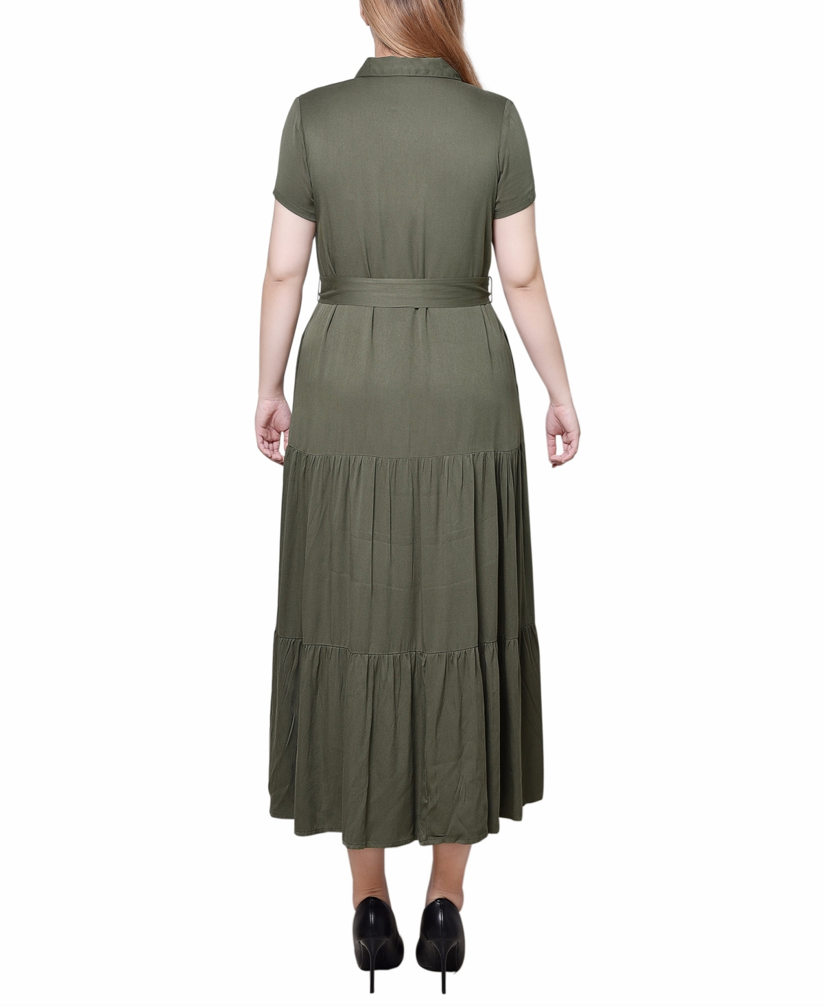 Ny Collection Petite Short Sleeve Midi Twill Dress In Dark Olive