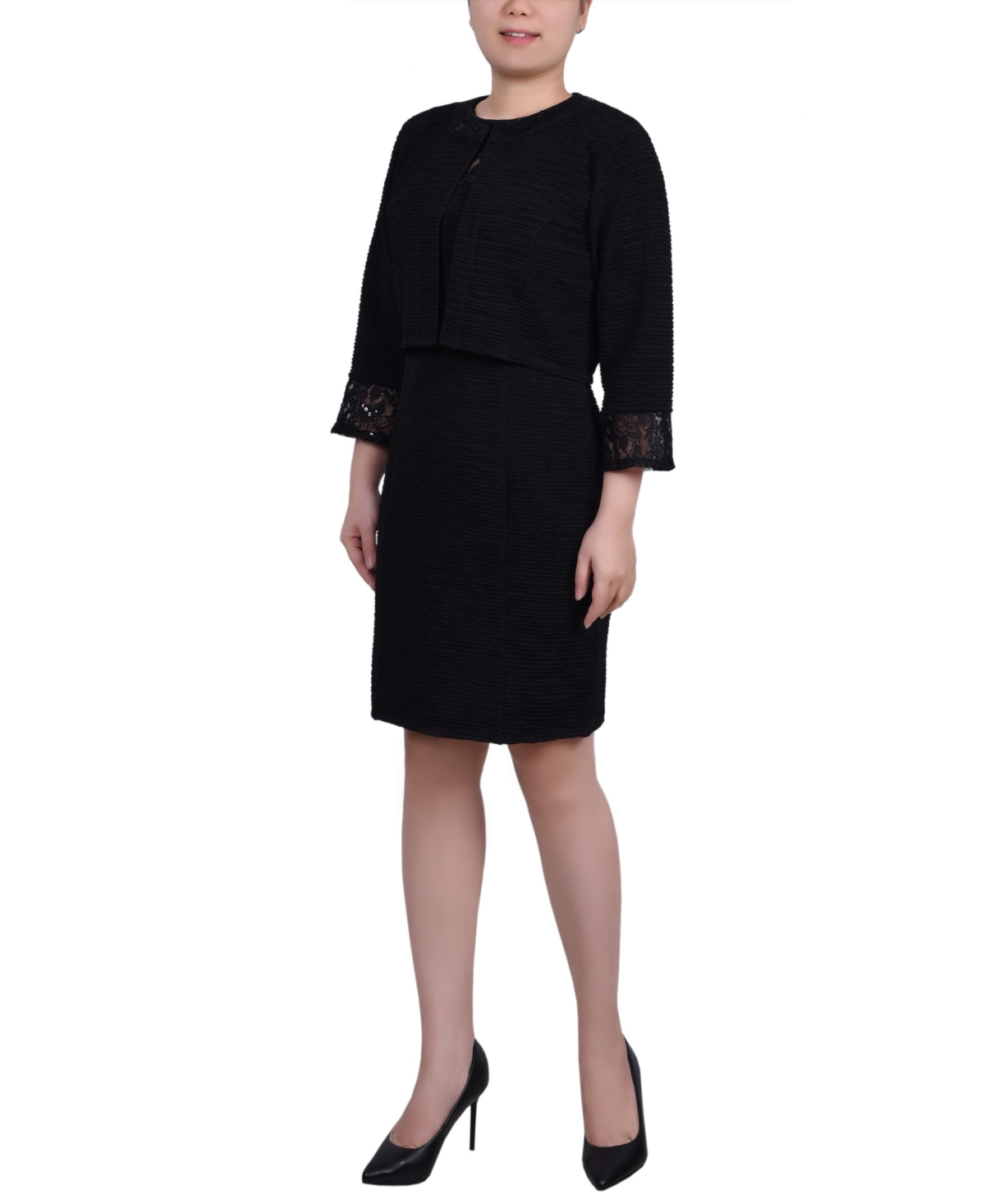 Ny Collection Petite Two Piece Novelty Knit And Lace Dress Set In Black