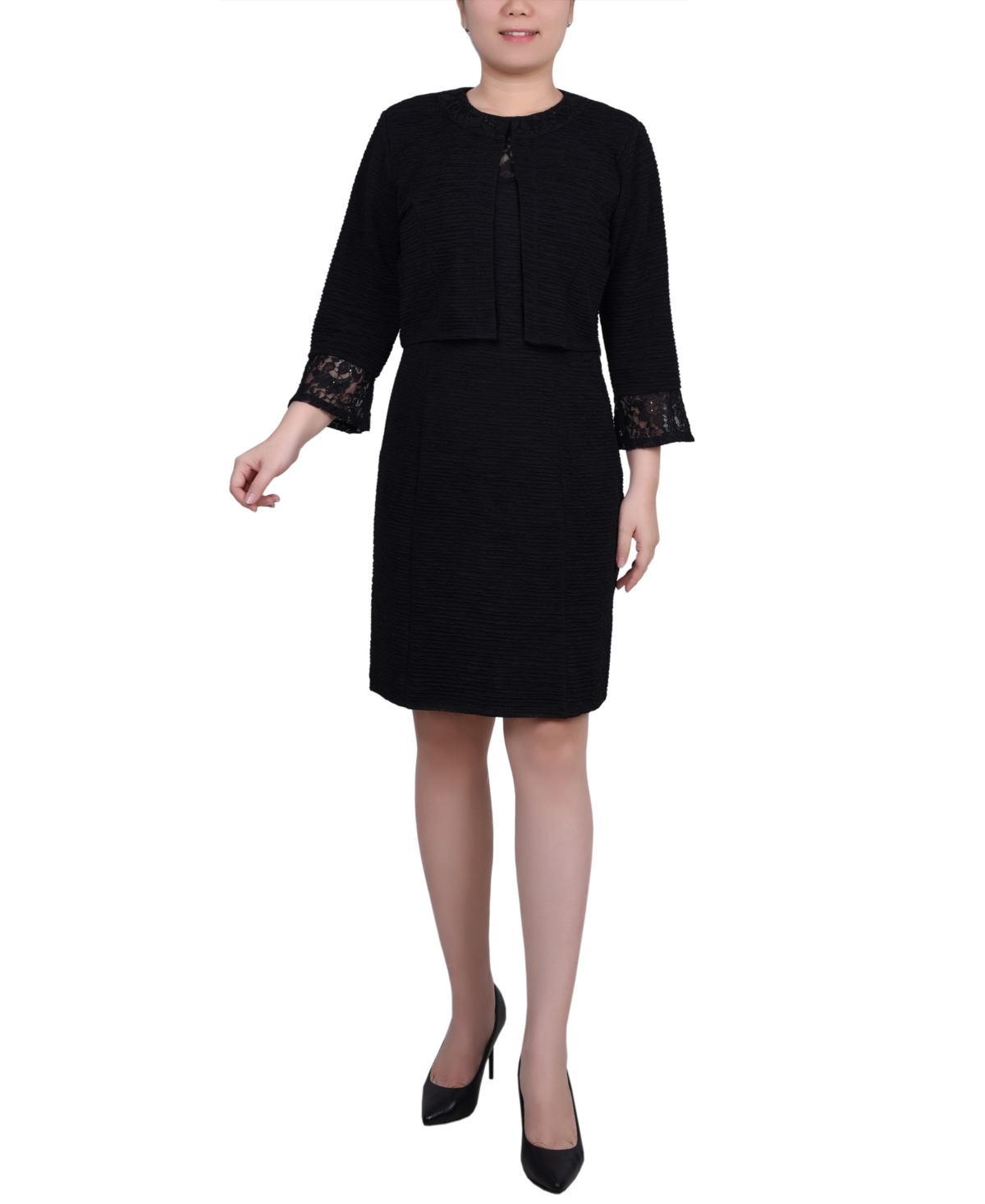 Ny Collection Petite Two Piece Novelty Knit And Lace Dress Set In Black