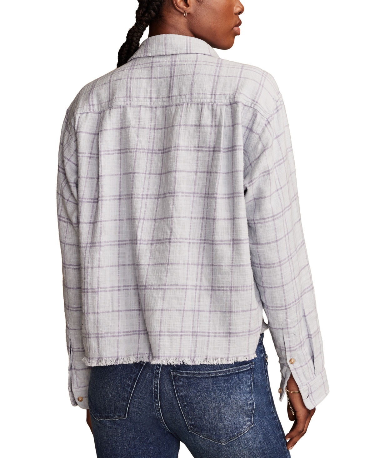 Shop Lucky Brand Women's Cotton Raw-edge Cropped Plaid Shirt In Blue Plaid