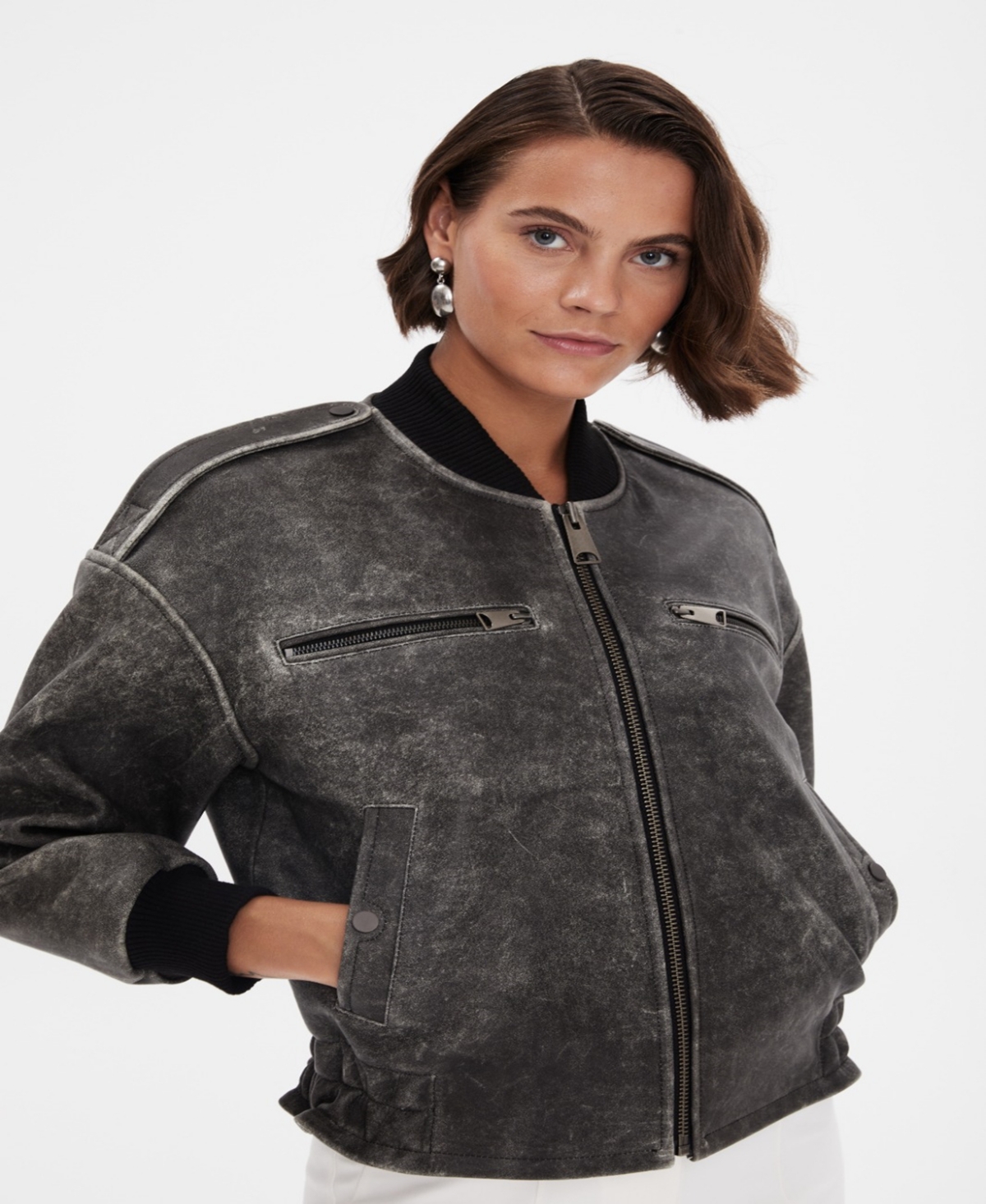 Furniq Uk Women's Leather Bomber Jacket,- Black