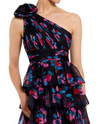 Women's One Shoulder Printed Chiffon Tiered Ruffle Gown