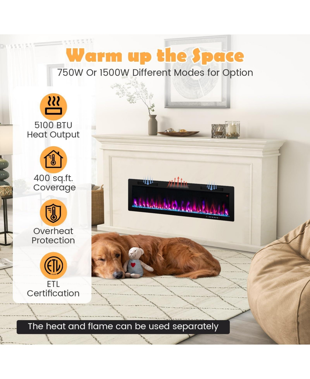Sugift Electric Fireplace Inches Recessed and Wall Mounted