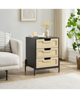Nightstand Set of 2, Rattan End Table, Nightstands with 3 Natural Rattan Drawers