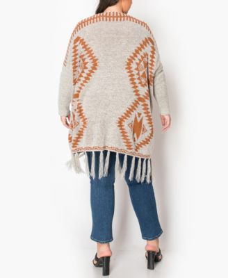 Plus Size Tribal Cardigan Sweater with Fringe