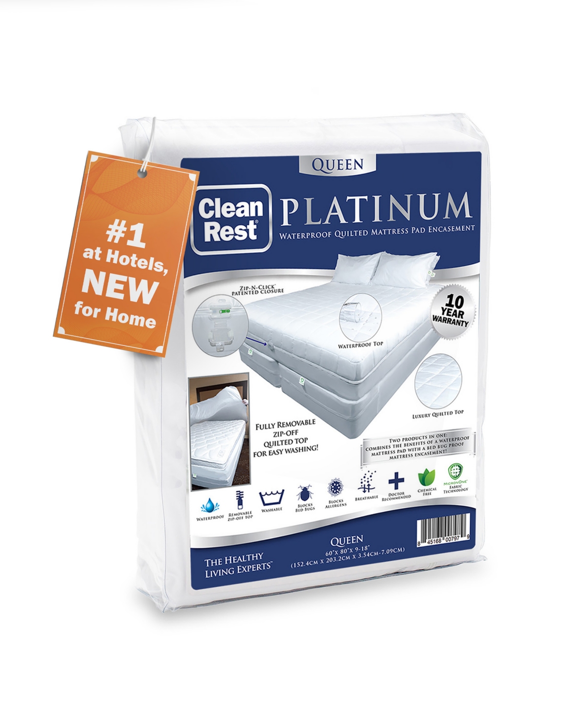 Cleanbrands Platinum Zippered Encasing Quilted Mattress Pad, Queen In White