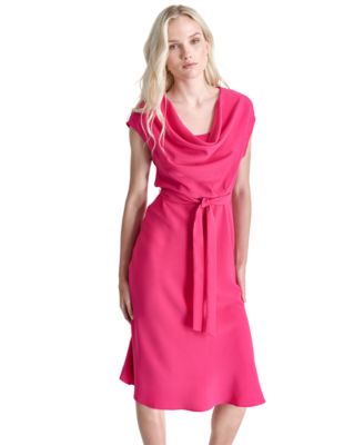 DKNY - Women's Belted Side-Split Cowlneck Midi Dress