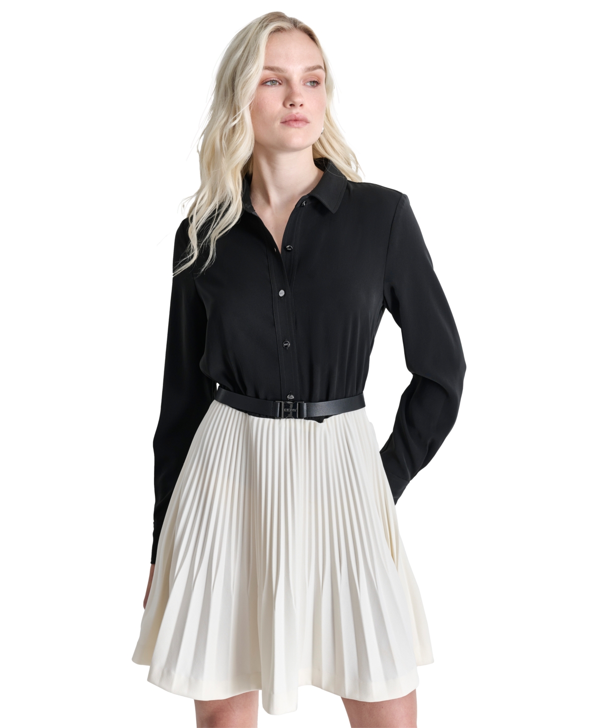 DKNY WOMEN'S COLORBLOCKED LONG-SLEEVE BELTED MINI DRESS 