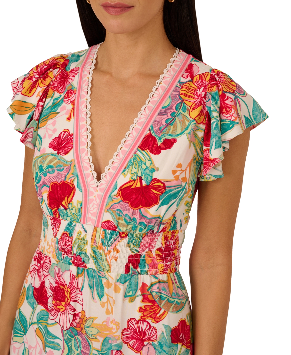 Adrianna by Adrianna Papell Women's Smocked-Waist Flutter-Sleeve Dress - Pink-green Multi