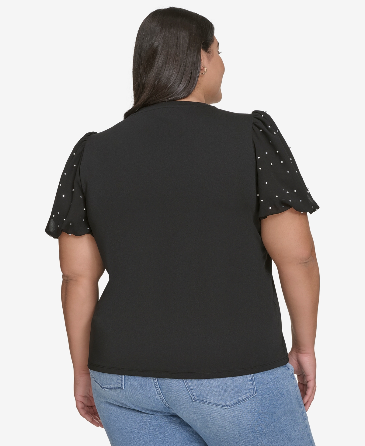 KARL LAGERFELD PLUS SIZE EMBELLISHED PUFF-SLEEVE T-SHIRT, EXCLUSIVELY AT MACY'S 