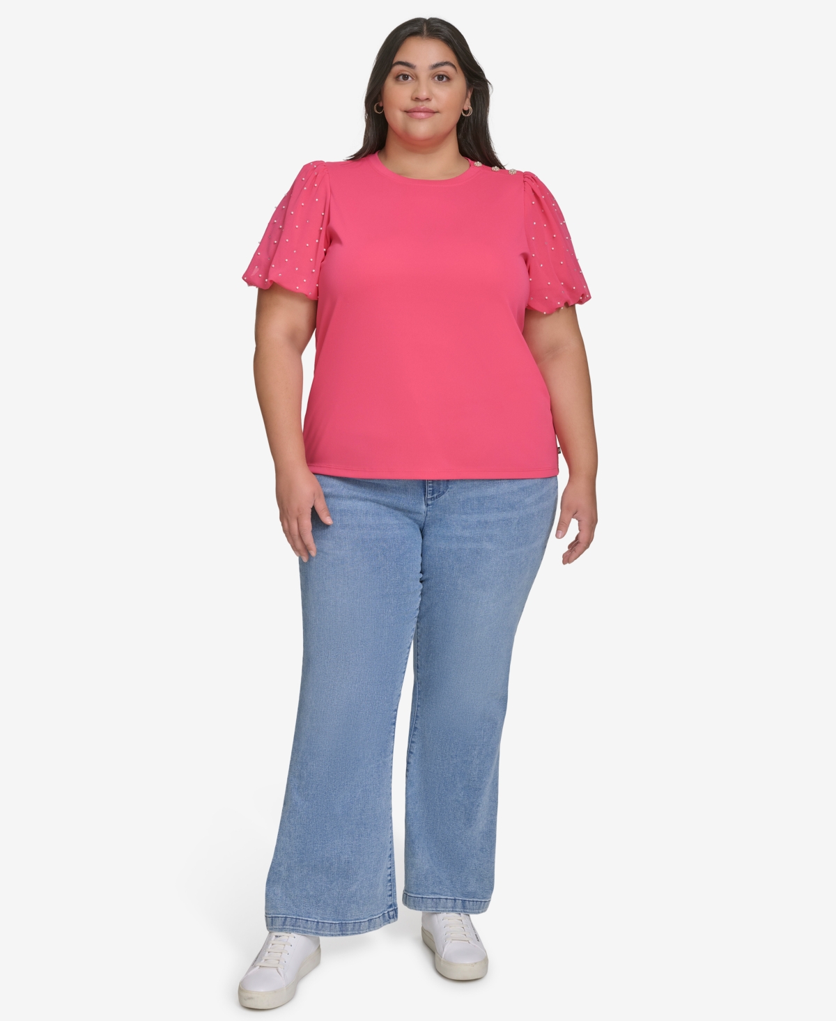 Shop Karl Lagerfeld Plus Size Embellished Puff-sleeve T-shirt, Exclusively At Macy's In Tea Berry