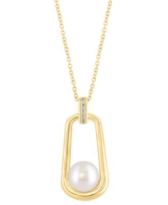 EFFY Collection - Cultured Freshwater Pearl (8mm) & Diamond Accent Polished Oval 18" Pendant Necklace in 14k Gold