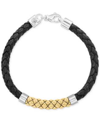 EFFY&reg; Men's Braided Leather Bracelet in 18k Yellow Gold Over Sterling Silver & Sterling Silver