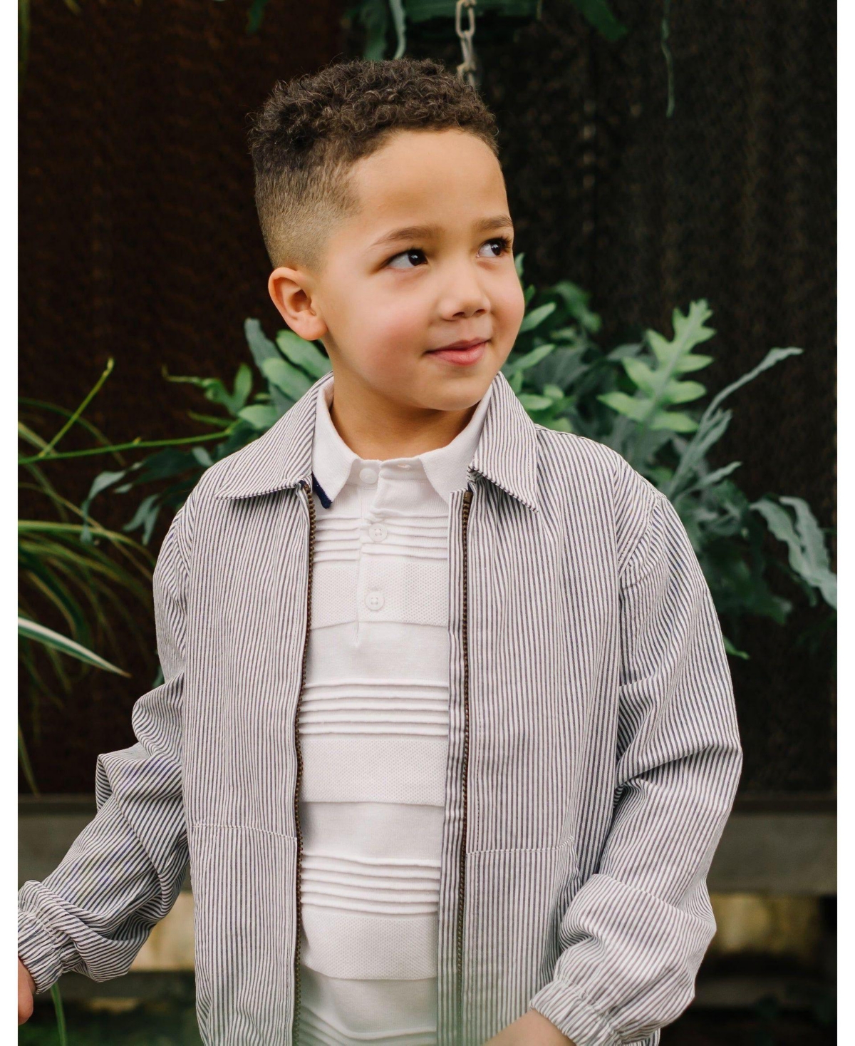 Hope & Henry Boys Long Sleeve Seersucker Bomber Jacket - Navy and White Seersucker