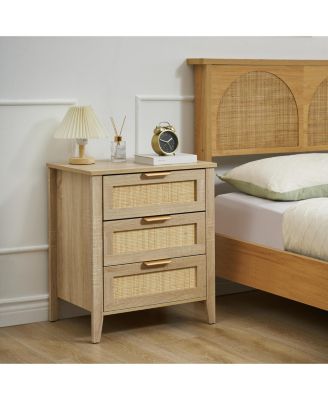 Nightstand Set of 2, Rattan End Table, Rattan Nightstand Boho Cabinet with 3 Natural Rattan Drawers