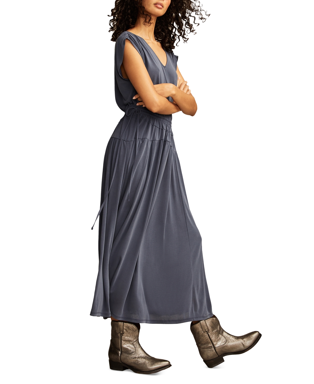 Shop Lucky Brand Women's Sandwash Ruched Sleeveless Midi Dress In Blue Nights