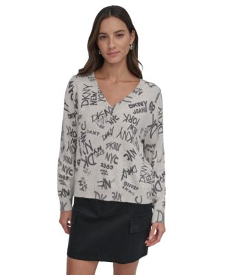 DKNY Jeans - Women's Logo-Pattern V-Neck Long-Sleeve Pullover Sweater