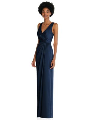 Women's Faux Wrap Whisper Satin Maxi Dress with Draped Tulip Skirt