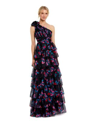 Women's One Shoulder Printed Chiffon Tiered Ruffle Gown