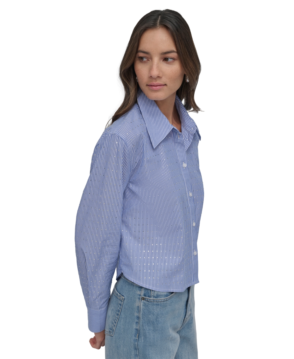DKNY JEANS WOMEN'S STRIPED POPLIN STUDDED RHINESTONE COTTON LONG-SLEEVE BUTTON-FRONT SHIRT 