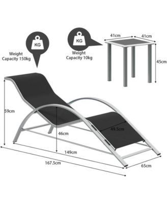 Outdoor Patio Chaise Lounge Set of 2, 3 Pieces Pool Lounge Chairs with Arm & Side Table, Beach Sunbathing Lawn Aluminum Chairs for Outside, Backyard, Poolside, Balcony, Deck, Lawn
